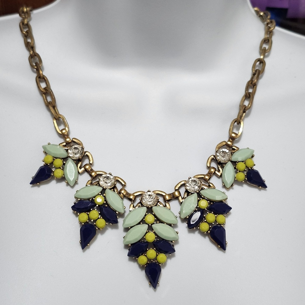 J Crew Blue Mint Neon Rhinestone Statement Necklace Bib Chunky Floral 2010s Prep